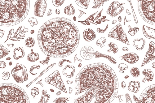 seamless  and white pattern with italian pizzas, ingredients and tools. endless texture for wrapping and packages in pizzeria. repeatable background with food. hand-drawn vector illustration.