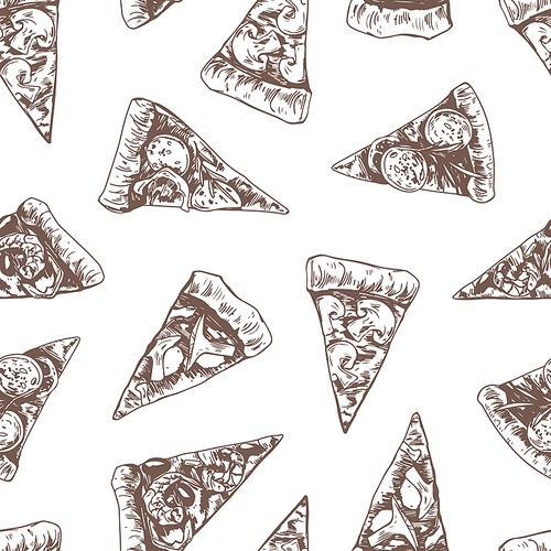 Seamless pattern with different Italian pizza slices on white background. Hand-drawn endless texture design in retro style. Repeating backdrop for pizzeria. Outlined vector illustration for wrapping.