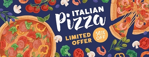 Design of horizontal ad banner for pizzeria with pizzas and ingredients on colored background. Promo template for Italian food restaurants or cafes. Hand-drawn vector illustration of advertisement.