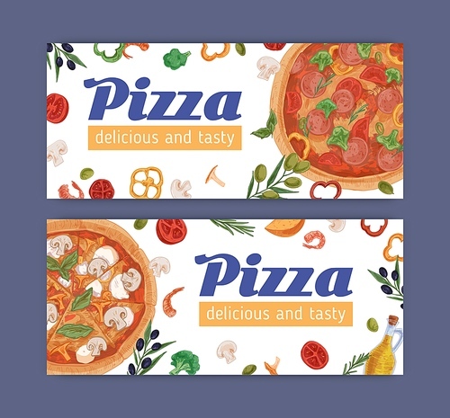 Ad banner with meat and vegetarian pizzas on white background. Design of promo templates for pizzeria or Italian food restaurant. Colored hand-drawn vector illustration of advertisement.