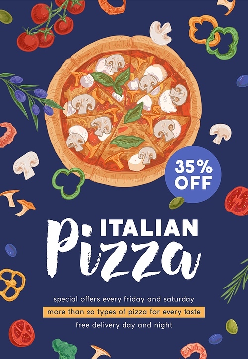 Ad flyer template with realistic vegetarian pizza circle for pizzeria and Italian food cafe promotion. Design of vertical promo banner. Colored hand-drawn vector illustration of flier background.