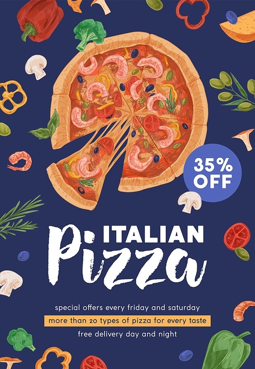 Design of vertical ad flyer with realistic shrimp pizza with melting cheese for pizzeria and Italian food restaurant. Promo banner template. Colored hand-drawn vector illustration of flier background.