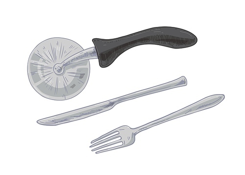 Set of kitchen metal tools such as pizza roller or cutter, table knife and fork from stainless steel. Instruments for cutting and slicing. Realistic hand-drawn vector illustration isolated on white.