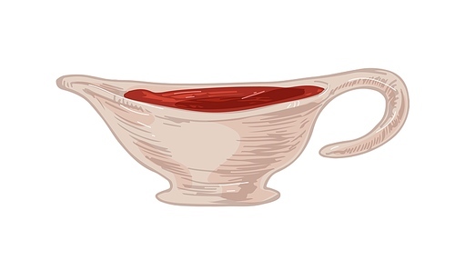 Red tomato or ketchup sauce in ceramic sauceboat with handle. Cranberry or barbecue gravy in boat-shaped pitcher. Colored realistic hand-drawn vector illustration isolated on white .