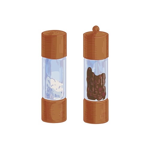 Salt shaker and black pepper mill or grinder from wood and glass. Bottles filled with condiments or seasonings. Saltshaker and container with peppercorns. Drawn vector illustration isolated on white.