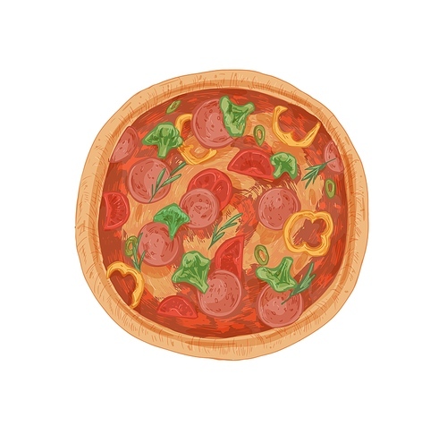 Full broccoli and salami pizza with pepper, jalapeno, rosemary and tomato sauce. Top view of tasty Italian food with sausages and vegetables. Colored realistic hand-drawn vector illustration.