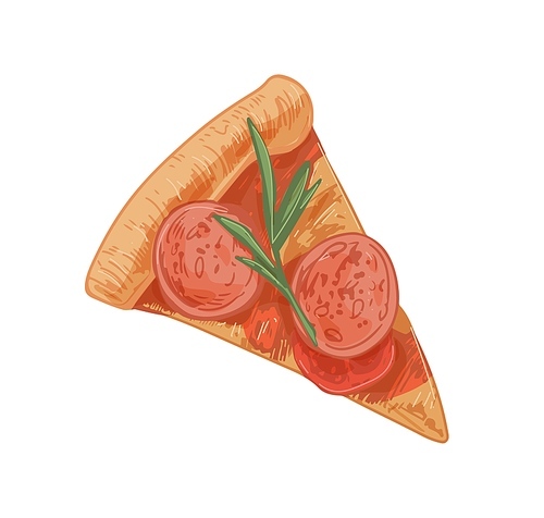 Triangle piece of Italian pizza with salami slices, sausages, rosemary, cheese and tomatoes. Cut segment with thick edge. Realistic hand-drawn vector illustration isolated on white .