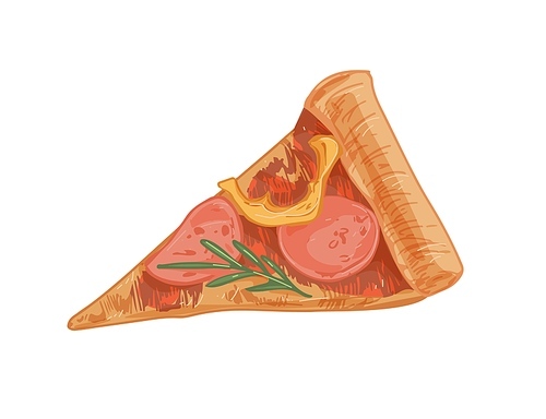 Italian pizza segment with salami slices, sausages, rosemary, cheese, pepper and tomato sauce. Cut piece with thick crust. Realistic hand-drawn vector illustration isolated on white .