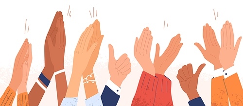 Arms of diverse people applauding vector illustration. Colorful man and woman clapping hands isolated on white . Multinational audience demonstrate greeting, ovation or cheering gesture.
