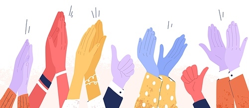Colorful clapping hands or diverse applauding people. Public multinational audience demonstrate greeting and cheering. Happy ovation and thumbs up. Flat vector cartoon illustration isolated on white.