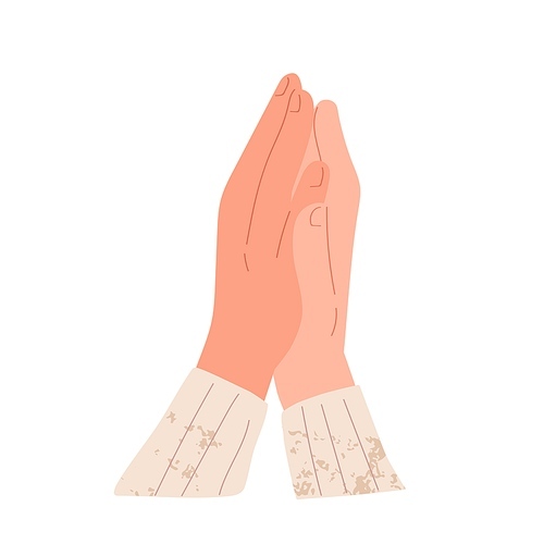 Hands applauding and clapping, expressing bravo. Prayer palms folded together and praying. Gesture of respect, admiration and support. Flat vector illustration of applause isolated on white .