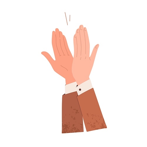 Male hands applauding, expressing respect and recognition. Open palms clapping, congratulating smb. Grateful applause and bravo gesture. Flat vector illustration of positive feedback isolated on white.