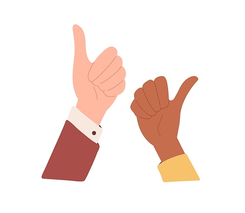 Diverse human hands with thumb up. Positive like and OK gesture, expressing satisfaction, agreement and approval. Good feedback concept. Flat vector illustration isolated on white .