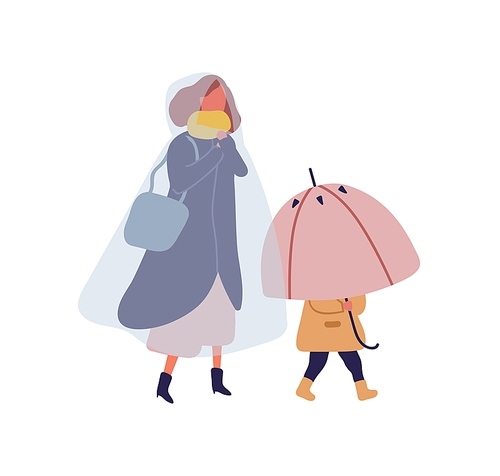 Cartoon little kid holding umbrella walking under rain with mother. Woman in raincoat going on street with child at rainy day vector flat illustration. People character outdoor isolated on white