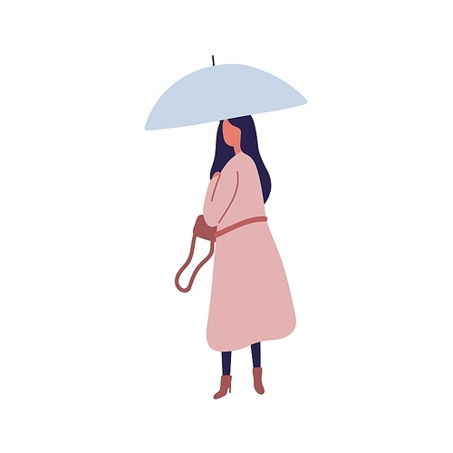 Young female with umbrella flat vector illustration. Autumn season, rainy day, stroll under rain. Woman wearing raincoat, girl walking alone faceless character isolated on white 