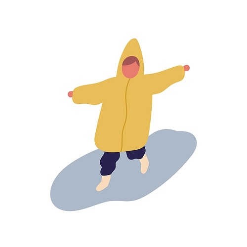 Cute little cartoon child in raincoat running on puddle vector flat illustration. Happy kid jumping having fun at rainy day isolated on white . Colored baby funny childhood outdoor.