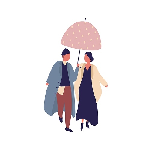 Young casual cartoon couple walking under umbrella at rainy day vector flat illustration. Man and woman character in stylish coat outfit at autumn season isolated on white 