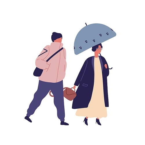 Couple with umbrella flat vector illustration. Autumn season, rainy day, walk under rain. Man and woman wearing raincoats, friends cartoon color characters isolated on white 