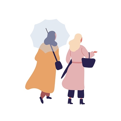 Women with umbrella flat vector illustration. Autumn season, rainy day, overcast weather, walk under rain. Girls wearing raincoats, friends cartoon characters isolated on white 