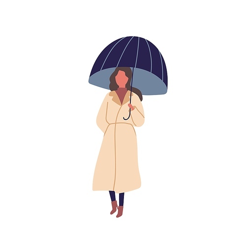 Girl with umbrella flat vector illustration. Autumn season, rainy day, walk under rain. Young woman standing alone. Lady wearing raincoat cartoon color character isolated on white