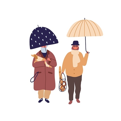 Elderly couple promenade under umbrella vector flat illustration. Aged cartoon man and woman walking with dog at autumn season weather. Family jaunt at rainy day isolated on white 