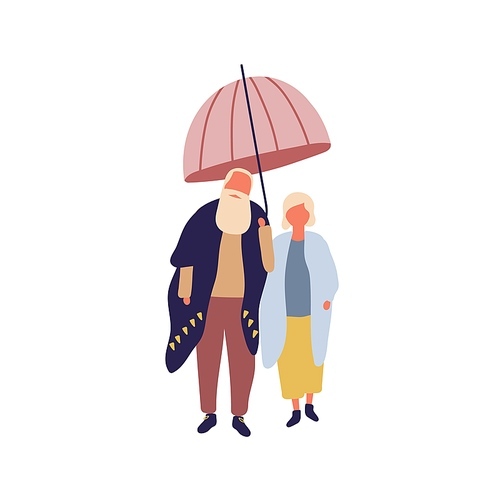 Stylish mature cartoon male and female under umbrella vector flat illustration. Fashionable elderly couple wearing season outfit isolated on white . Aged family character autumn promenade