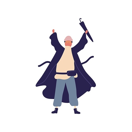 Man who feels happy because the rain is over isolated on white . Autumn character with raise hands and closed umbrella flat vector illustration. Concept of joy after a bad period.