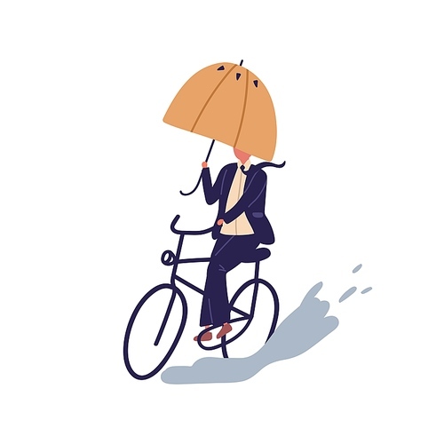 Businessman ride on bicycle under umbrella vector flat illustration. Cartoon man in suit cycling on puddle at autumn rainy day isolated on white . Male way on bicycling overcoming obstacles