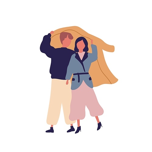 Couple together under raincoat flat vector illustration. Autumn season, rainy weather, walk under rain. Enamored people, boyfriend and girlfriend cartoon characters isolated on white 