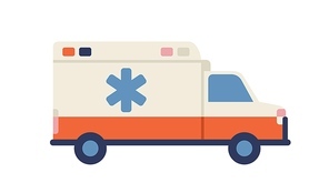 Ambulance car with star of life emblem. Medical emergency vehicle. Side view of paramedic van. Rescue truck of medic service, aid and assistance. Flat vector illustration isolated on white .