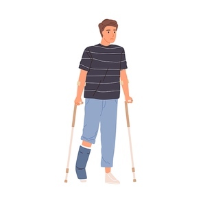 Bone injury or fracture of young patient. Man walking with crutches and gypsum on broken leg. Rehabilitation and treatment after accident. Colored flat vector illustration isolated on white .