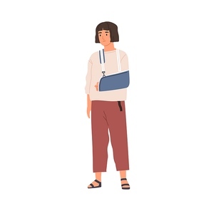 Unhappy woman with broken hand in gypsum. Sad patient with arm injury during recovery. Person with orthopedic trauma sling after accident. Colored flat vector illustration isolated on white .