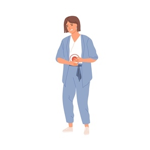 Woman suffering from stomach ache and holding her hands on belly. Person with abdominal pain. Stomachache or discomfort during menstrual period. Colored flat vector illustration isolated on white.