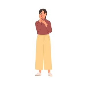 Young sad woman suffering from toothache. Unhappy patient with tooth ache. Person feeling unwell, holding cheek because of teeth pain. Colored flat vector illustration isolated on white .