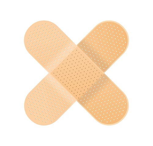 Perforated cross shape adhesive plaster patch or bandaid isolated on white . Realistic medical bandage for first aid and wounds. Flat vector illustration.