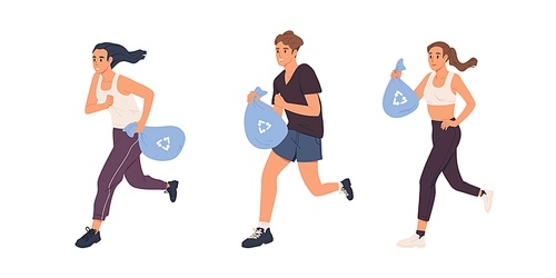 Plogging concept. Set of people running with bags and picking up litter. Men and women jogging and collecting garbage. Volunteers at eco activity. Flat vector illustration isolated on white .
