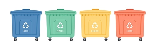 Containers or recycle bins for paper, plastic, glass and general trash. Concept of separate garbage collection. Dumpsters of different colors isolated on white . Flat vector illustration.