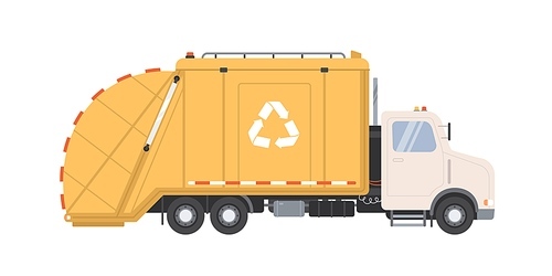 Side view of garbage truck with recycle sign for waste removal. Yellow lorry with refuse hopper and lift bucket for rubbish collection. Colored flat vector illustration isolated on white .