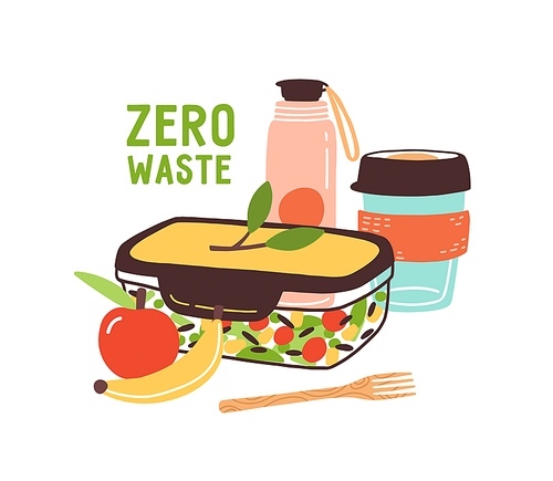 Colorful Zero Waste lunch vector flat illustration. Eco friendly durable and reusable items - thermo mug, vacuum flask, lunch box, vegan food and wooden fork isolated on white .