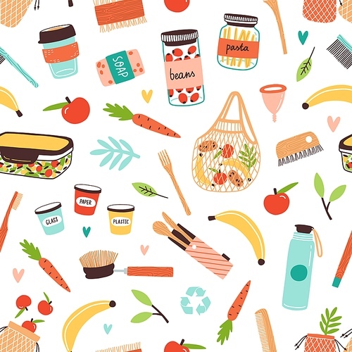 Colorful Zero Waste durable and reusable goods and vegan food seamless pattern. Eco friendly items or products vector flat illustration. Different elements of ecology consumption principle.