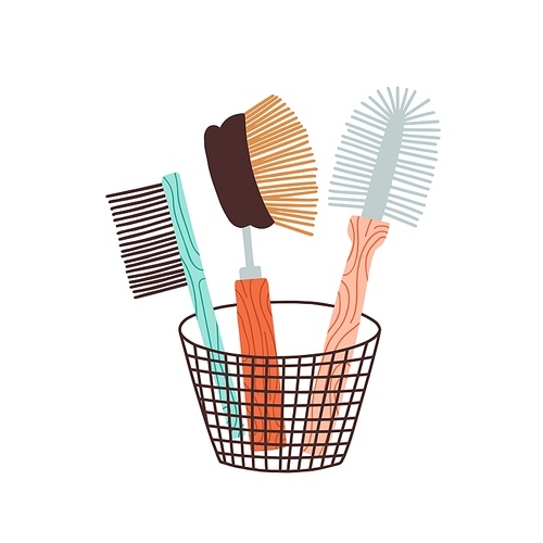 Eco friendly zero waste bristle brush. Washing scrub dish cleaner. Natural kitchen tool, equipment. Wooden, bamboo handle in basket. Flat vector cartoon illustration isolated on white .
