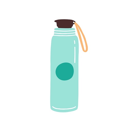 Vacuum thermo tumbler flask with cap and handle vector flat illustration. Durable and reusable bottle for water isolated on white. Eco friendly and go green style thermos with design elements.