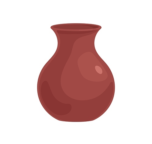 Empty clay vase. Brown earthen vessel. Pottery art. Realistic rounded crock with narrow neck. Colored flat cartoon vector illustration of earthenware isolated on white .