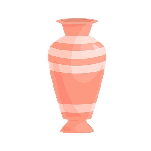 Ceramic flower vase. Empty glossy enameled porcelain vessel with stripes. Modern dyed pottery. Realistic decorative crockery. Flat cartoon vector illustration isolated on white .