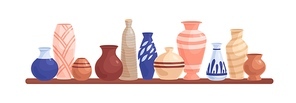 Pottery objects on shelf. Ceramic and porcelain flower vases, clay pots, and earthen vessels composition. Crockery and earthenware items. Flat cartoon vector illustration isolated on white background.
