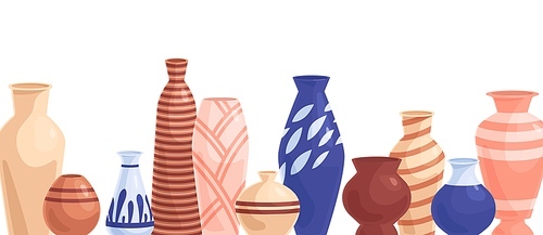 Ceramic pots and flower vases border. Different pottery objects. Banner with porcelain, clay and earthen empty vessels. Modern crockery items. Flat vector illustration isolated on white .
