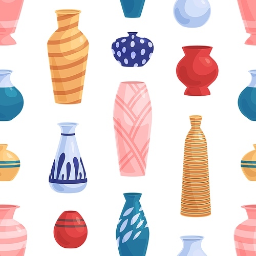 Seamless pattern with ceramic and porcelain vases on white background. Endless repeating texture with earthen pottery and crockery of different shapes and color. Flat vector illustration for printing.