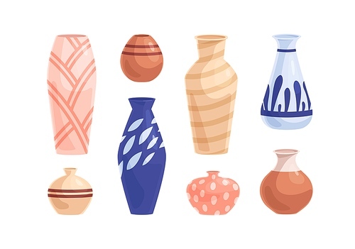 Pottery and earthenware set. Crockery objects of different shapes, sizes and colors. Modern ceramic, clay and porcelain vases and pots collection. Flat vector illustration isolated on white .