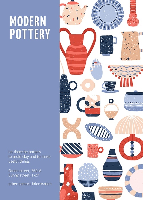 Poster of modern pottery ceramic studio vector flat illustration. Handmade porcelain decor isolated on white . Workshop on creating craft vases, crockery and candlesticks.