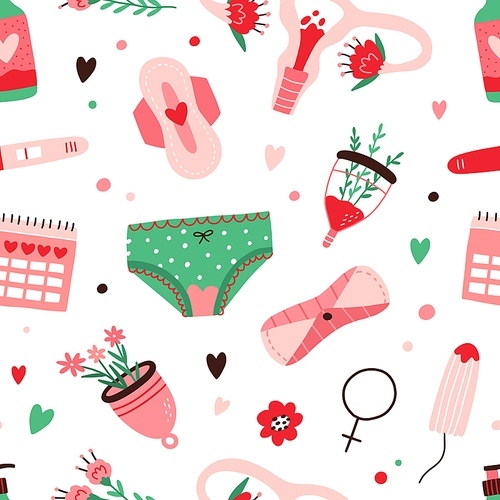 Seamless menstruation pattern with period blood, woman's panties, menstrual cup, reusable pad, tampon and uterus on white background. Repeating texture. Colored flat vector illustration for wrapping.